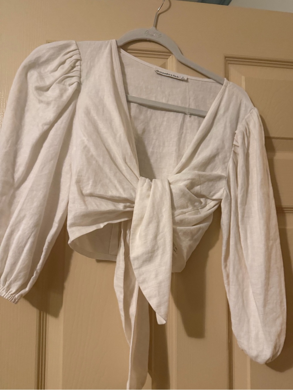 Abercrombie & Fitch White Linen Tie-Front Puff Sleeve Crop Top